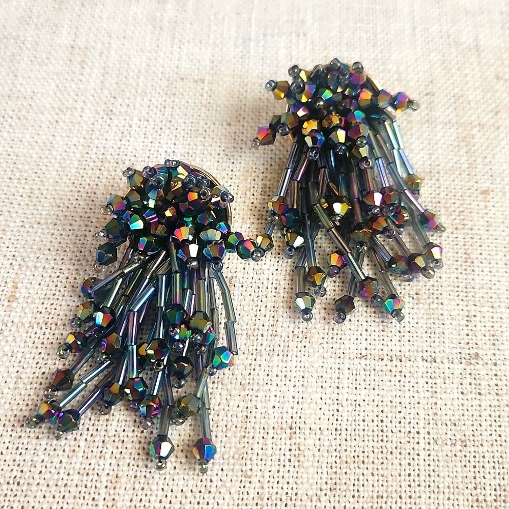 C&C Beaded Statement Earrings, Black Rainbow Irredecent